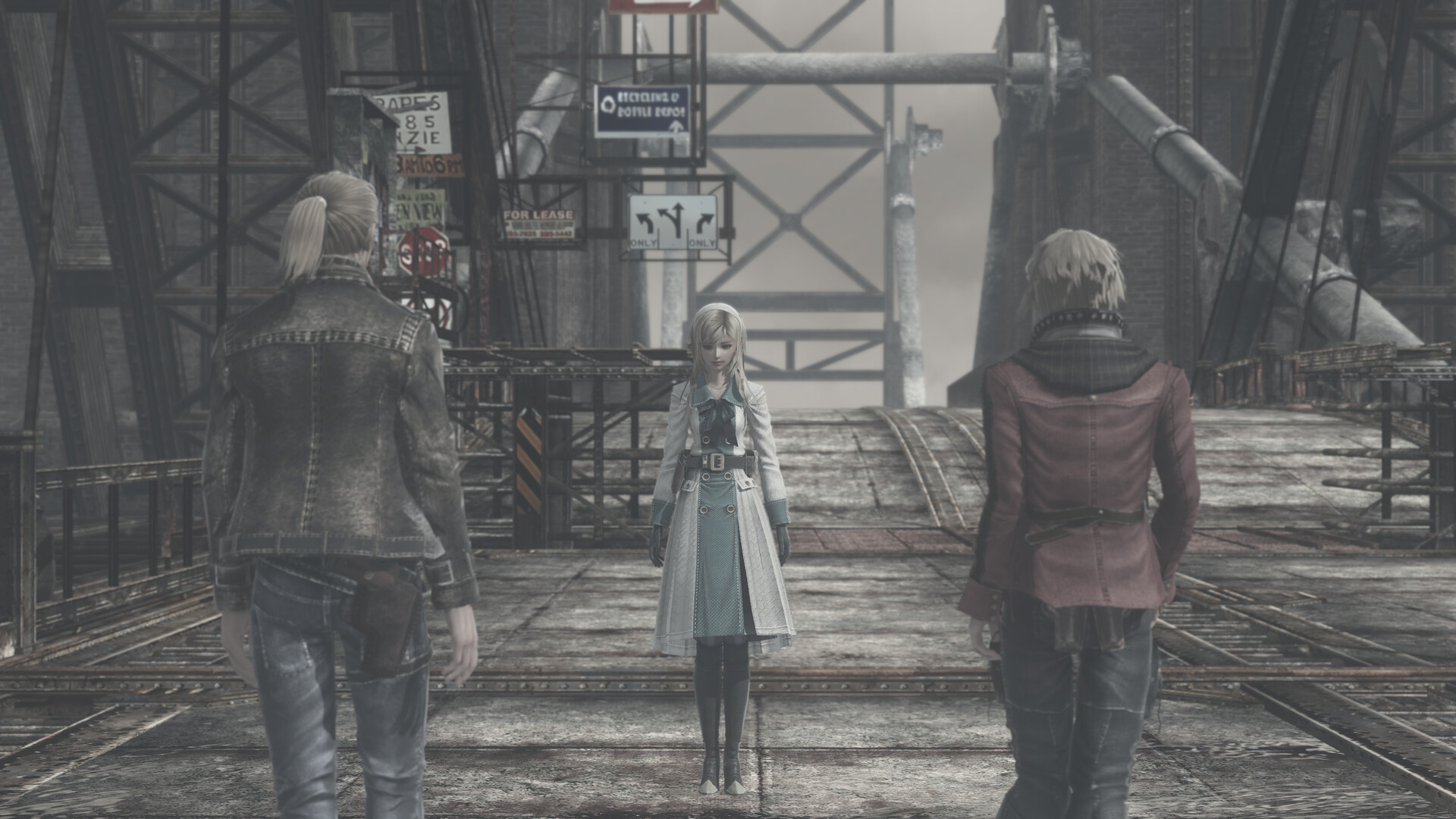Resonance of Fate screenshot: three characters walking on an industrial walkway.