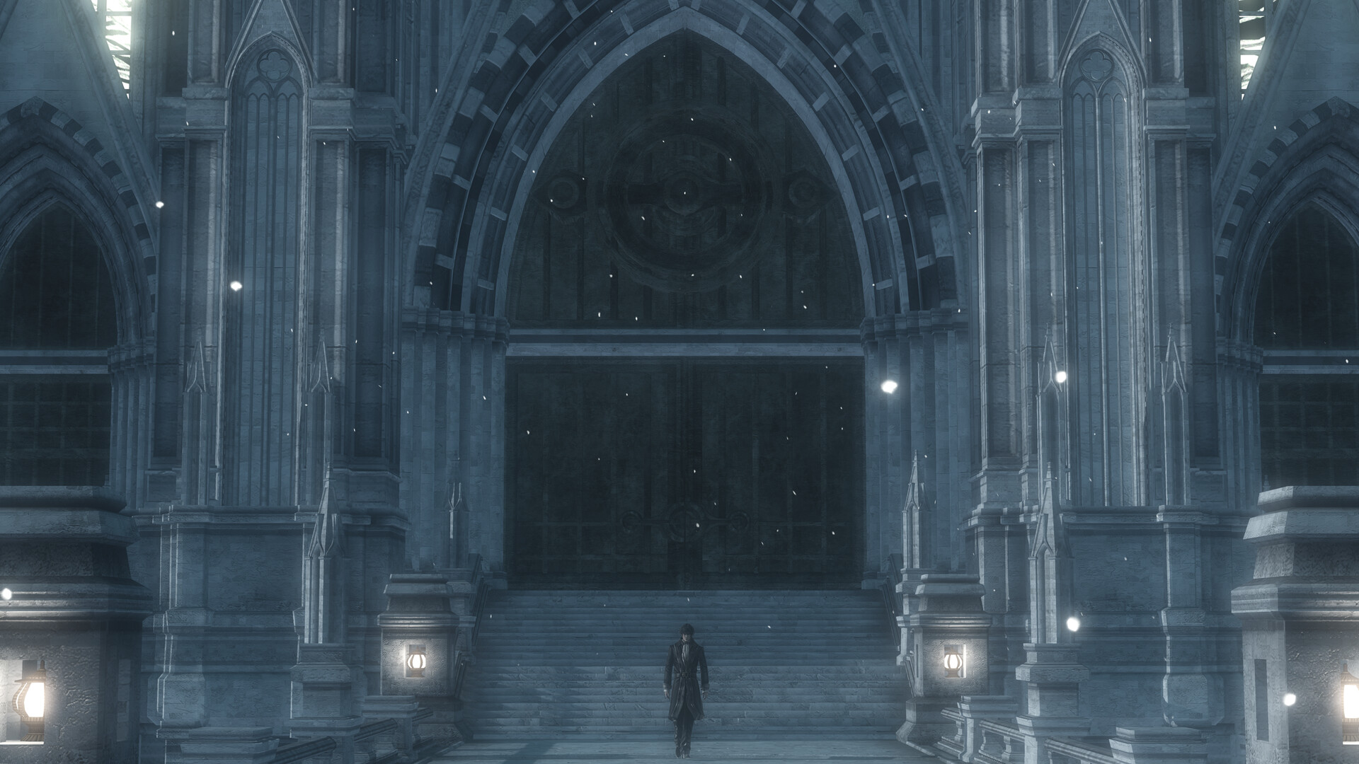 Resonance of Fate screenshot: a lone figure before a huge gothic cathedral door.