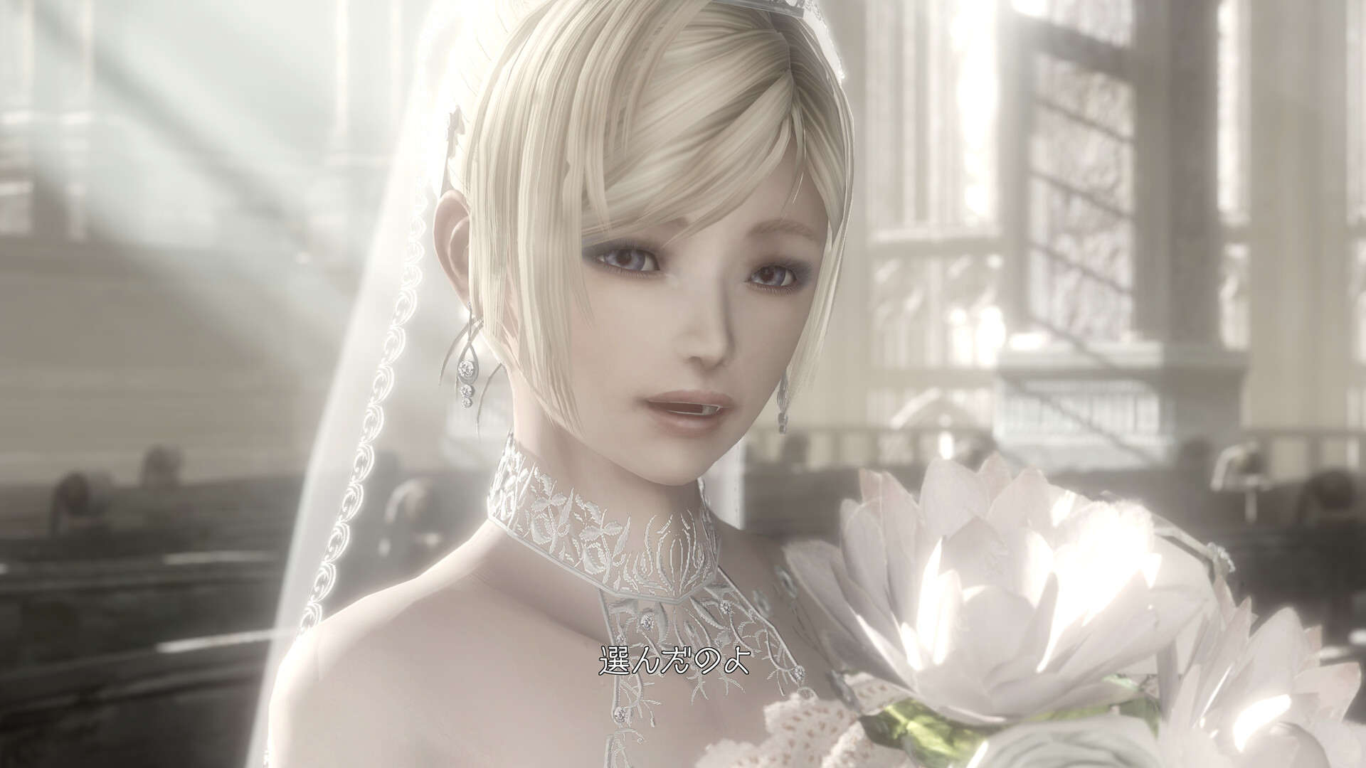 Resonance of Fate screenshot: a close-up of a blonde character in a white veil.