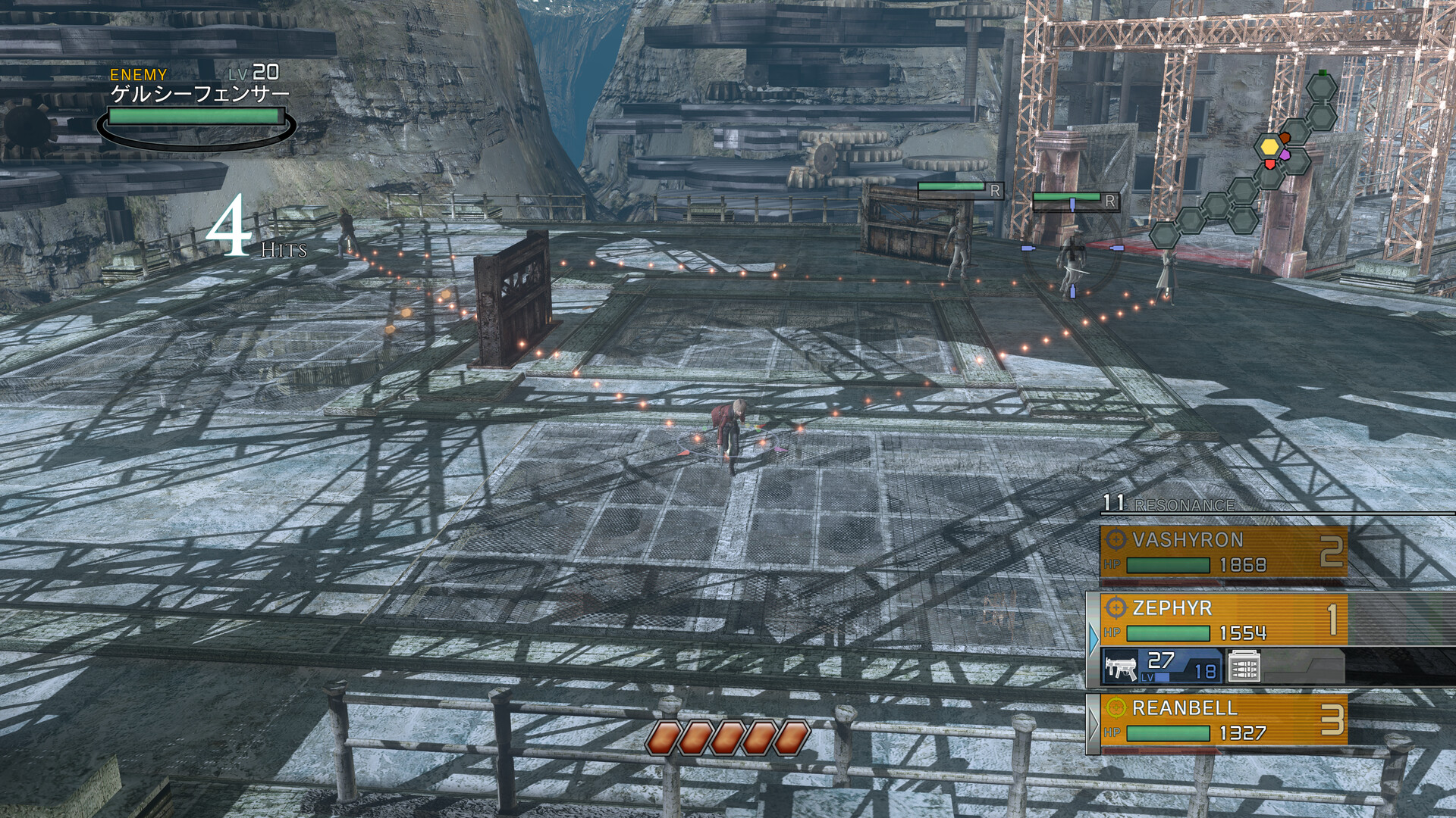 Resonance of Fate screenshot: an aerial view of a battle over steel girders.