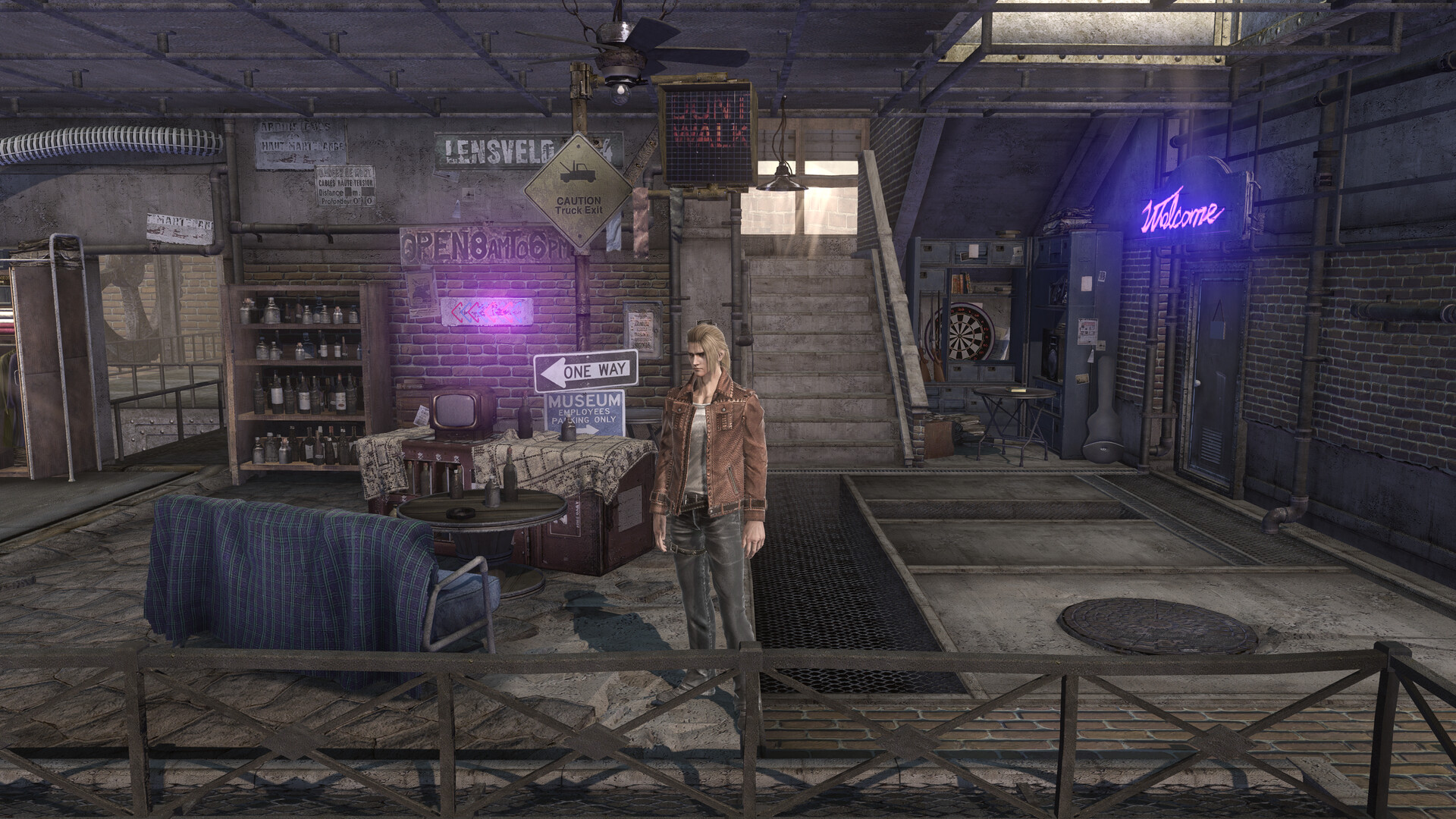 Resonance of Fate screenshot: an indoor scene with a purple neon sign.