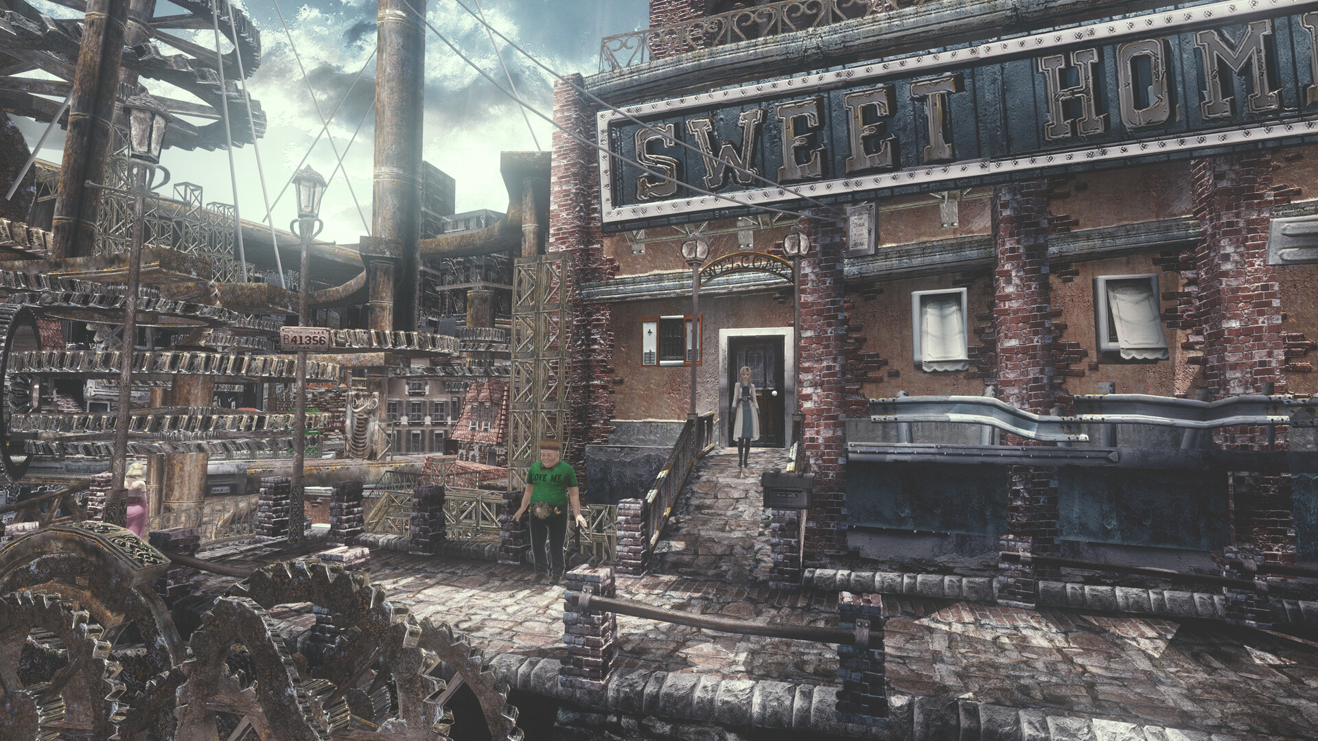 Resonance of Fate screenshot: a brick town district under the tower.